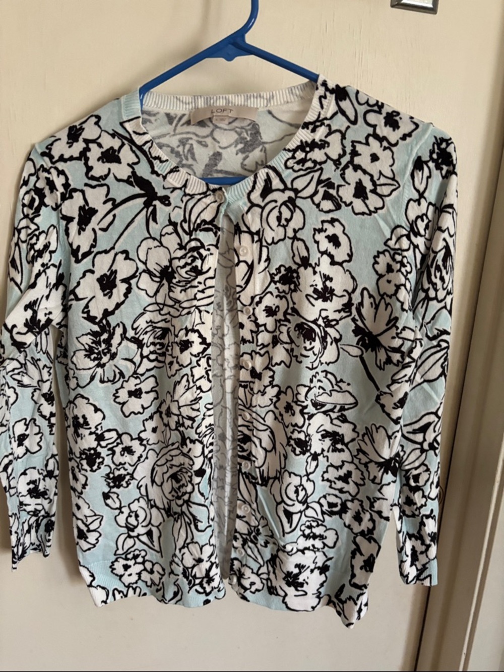 LOFT Light Blue and Black Floral Knit Top